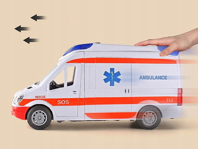 KARETKA AMBULANS DLA DZIECI POGOTOWIE NAPĘD ŚWIATŁO DŹWIĘK AUTO + NOSZE Baterie 2 x AA