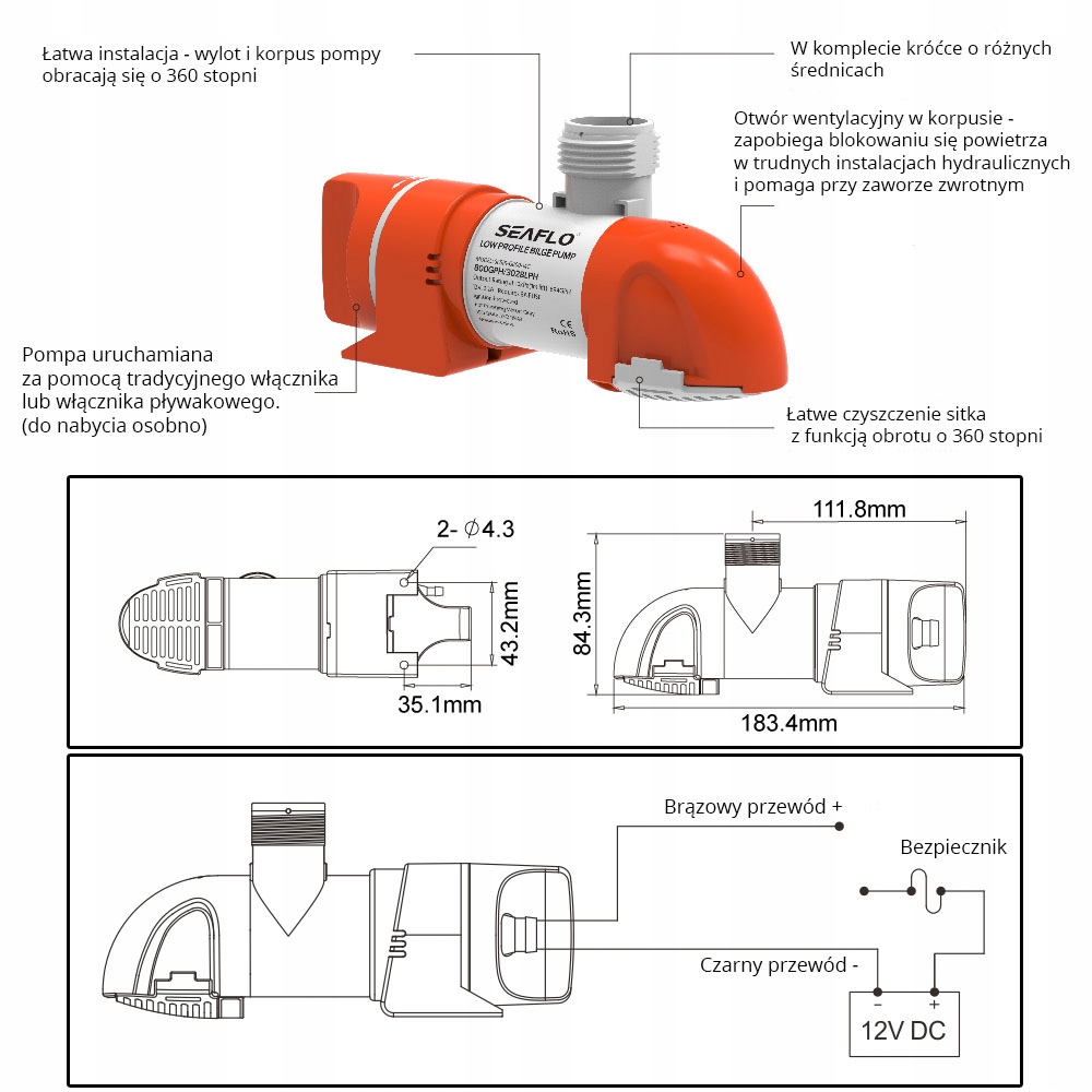 POMPA ZĘZOWA NISKI PROFIL SEAFLO 12V 1100GPH-05431 Model Manual 12V 1100GPH
