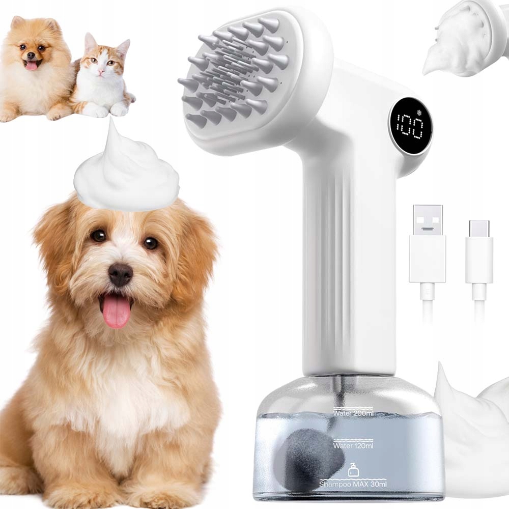 Levně Pěnivý Nabíjecí Dávkovač Na Mytí Psů S Odměrkou A Silikonovým Kartáčem