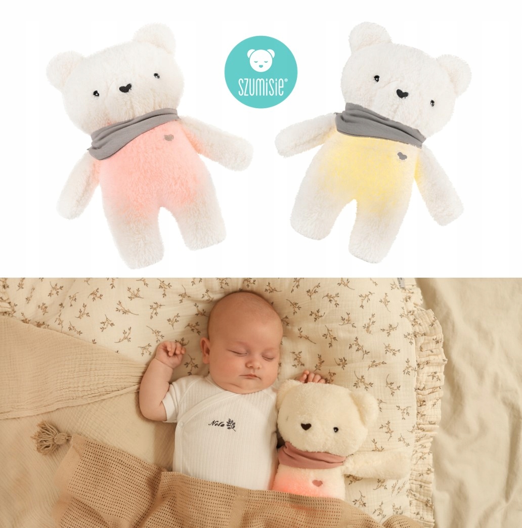 SZUMISIE MIŚ 5W1 Z APASZKĄ MASKOTKA USYPIACZ LAMPKA SZUM CZUJNIK SNU+GRATIS Wysokość produktu 27 cm