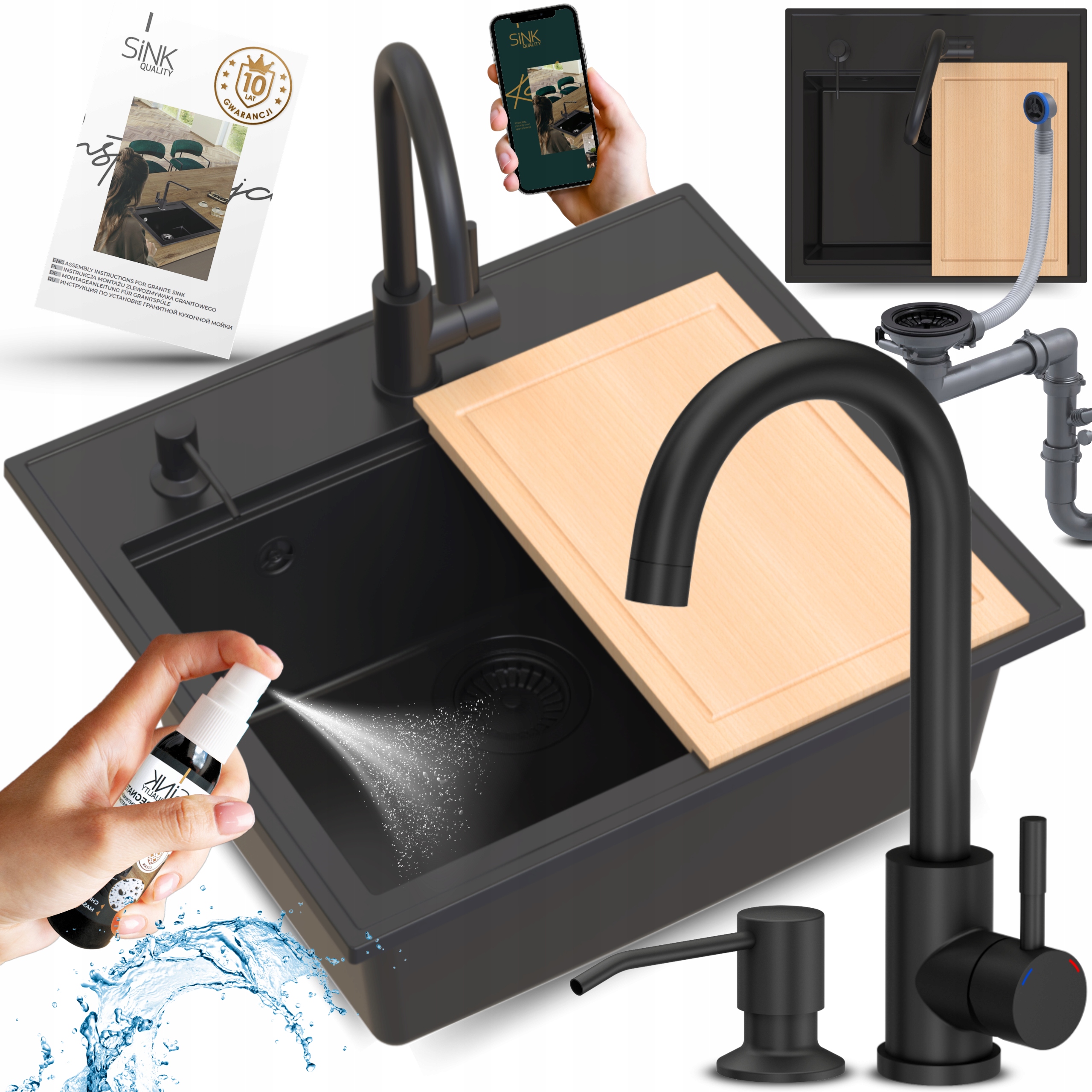 Kuchyňský granitový dřez s deskou jednokomorový, Černý, Sifonová Baterie