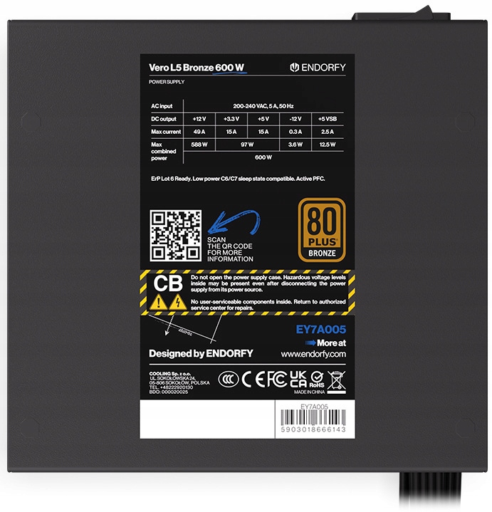 Napájací zdroj pre počítač 600W Endorfy Vero L5 80 Plus Bronze EY7A005 Atx Pfc