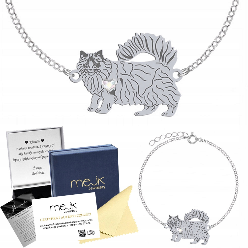 Stříbrný náramek s kočkou Ragdoll 925 Dárek Řetízek Šperky Gravírování