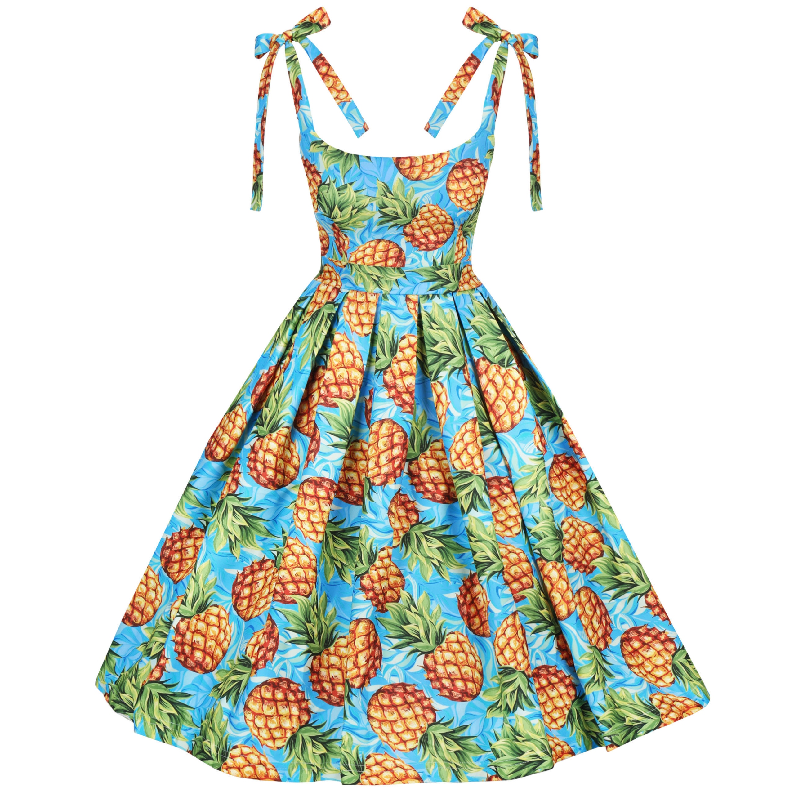 Šaty Pin Up s ananasy, modrá, retro, léto 60 70 80, prošívaná, midi