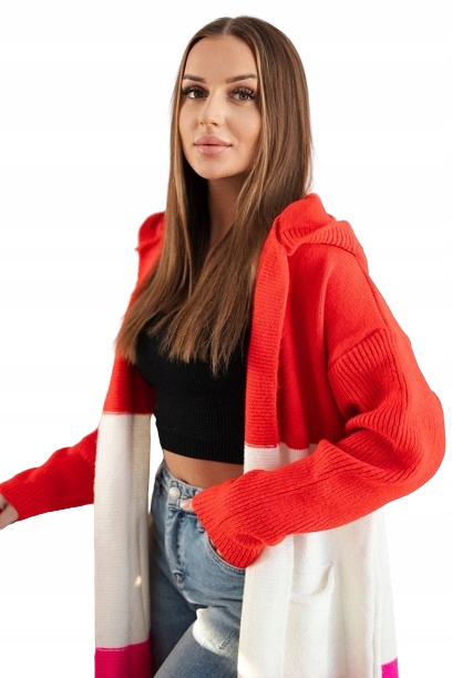 Kardiganový svetr s kapucí a červenými pruhy ecru neonově růžový