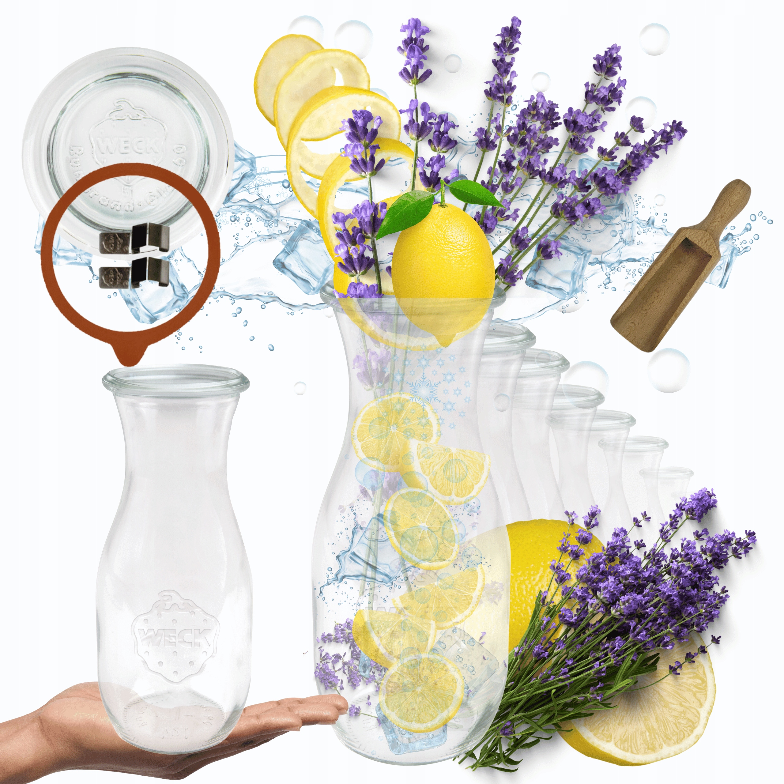 Karafy 1062ml Weck 1L meradlo sponky veko gumička 12ks do vody víno šťavy