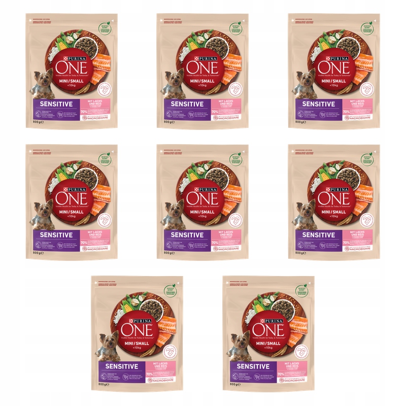 Purina One Mini Sensitive Krmivo pro psy s lososem a rýží 800 g X8