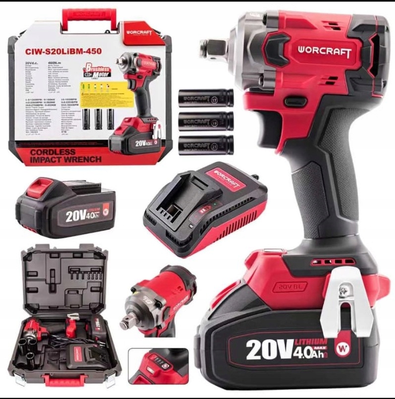 Akumulatorowy 4.0Ah Bezszczotkowy klucz udarowy 450Nm Worcraft Walizka