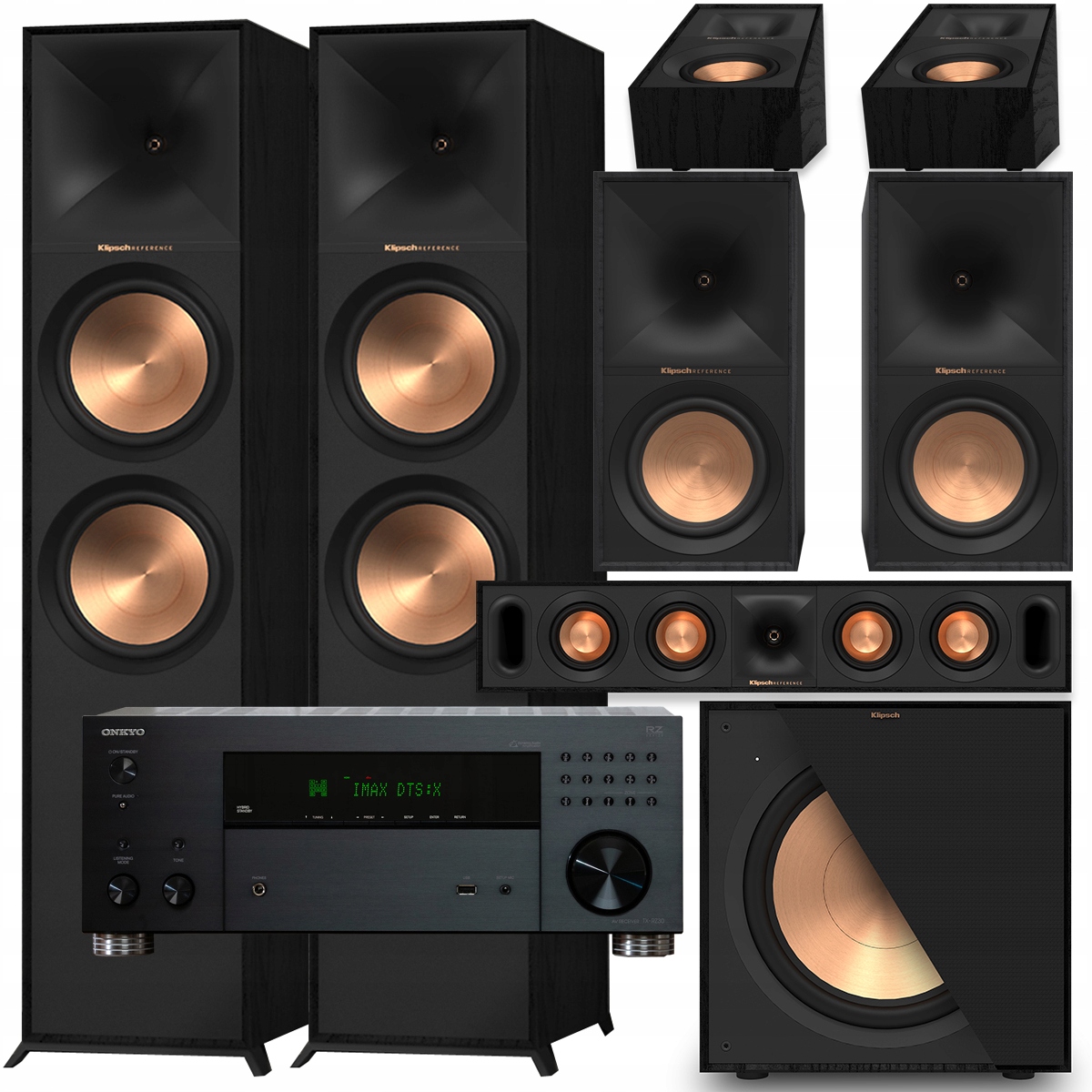 KLIPSCH R-800F + R-60M + R-30C + R-40SA R-121SW ONKYO TX-RZ30 Atmos IMAX 8K