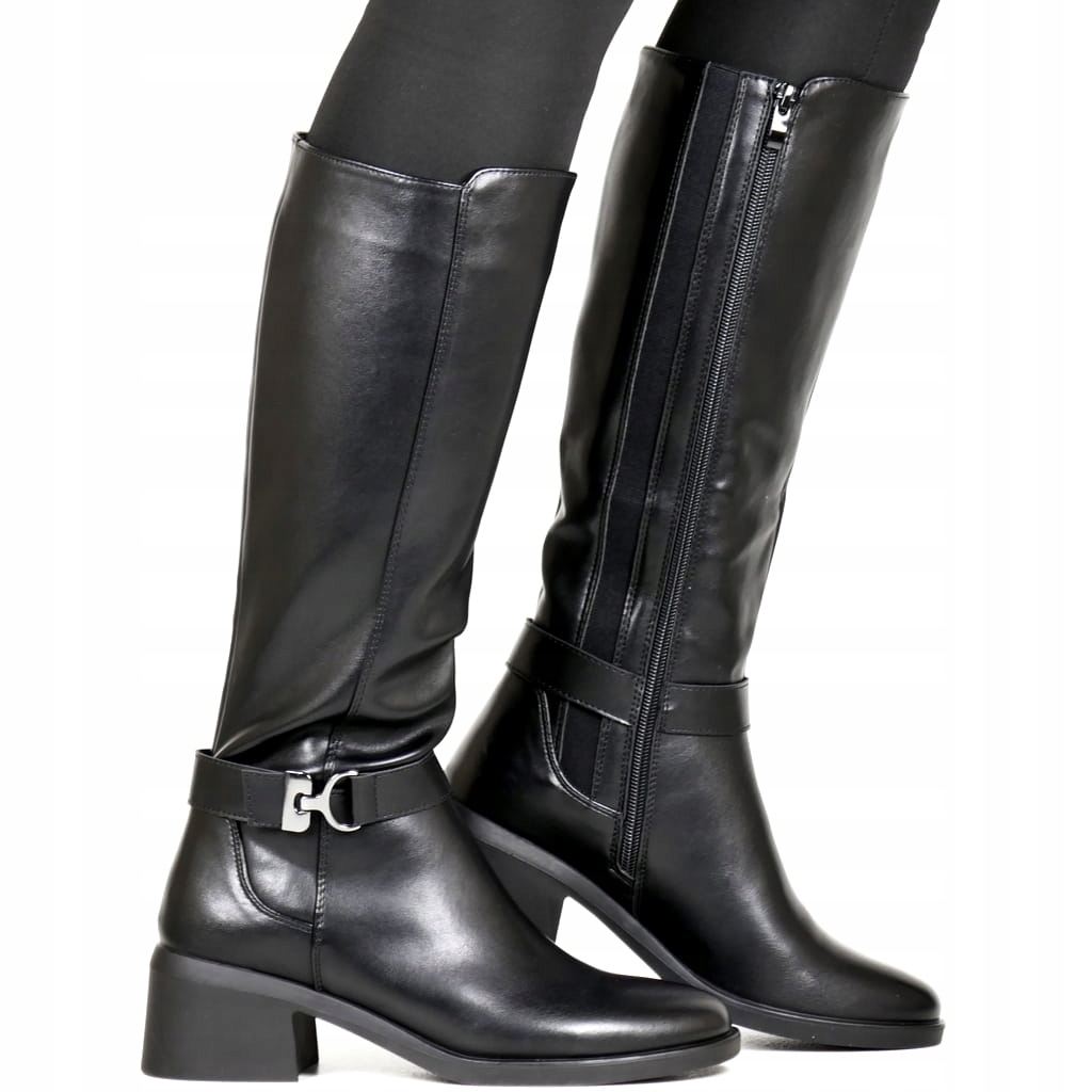 Dámské Kozačky S Přiléhavými Kozačky Na Bloku Elegantní Černé Se Zipem