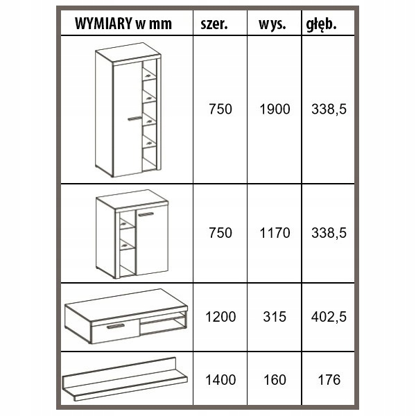 Meblościanka + Komoda RUMBA Biały Kolor frontów biały