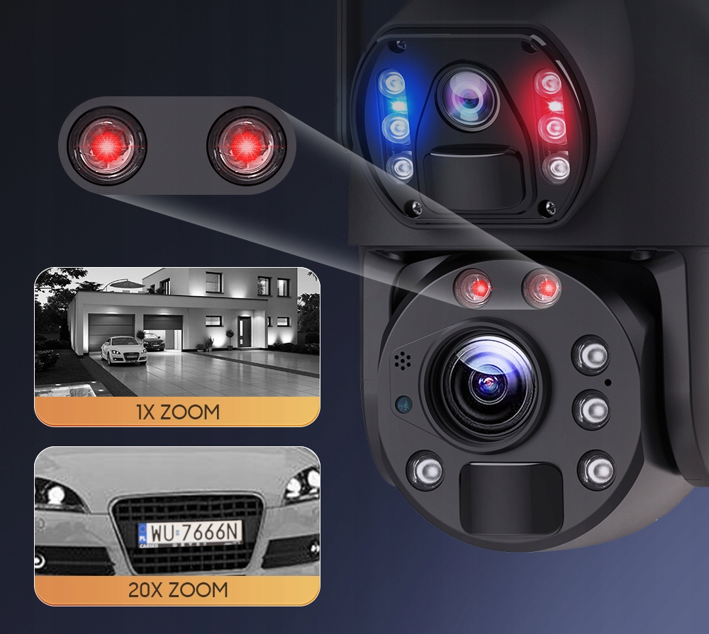 FOTOPUŁAPKA GSM SOLAR ZOOM OPTYCZNY x20 8MP DWA OBIEKTYWY BERING GUARD Załączone wyposażenie Kamera Panel Solarny Uchwyt montażowy Wbudowane akumulatory 12000mAh