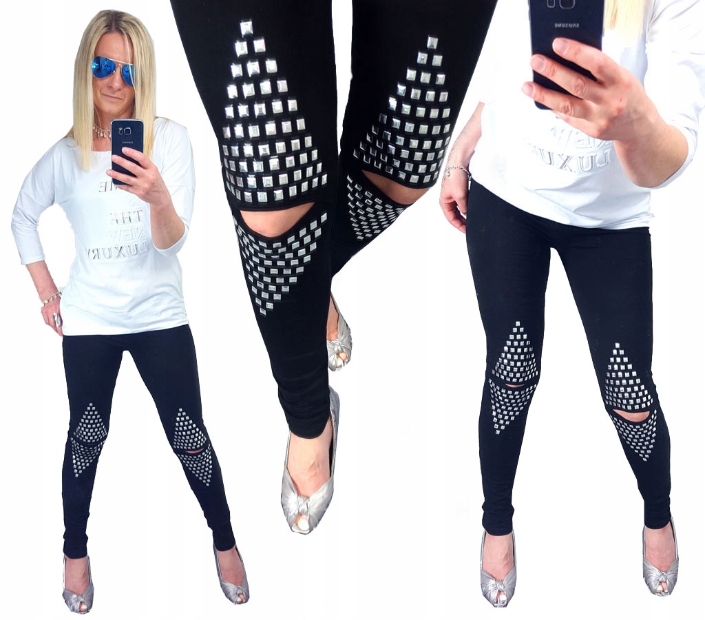 

Spodnie Legginsy Rurki Ćwieki Ripped Getry Dziury