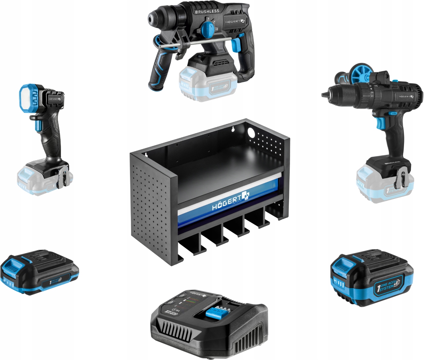 Sada elektrického nářadí + nástěnná skříňka, OneAccuSystem, Hoegert Technik