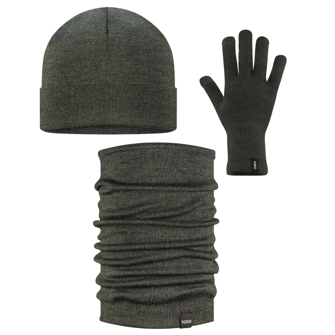 Sada Merino: čepice, nákrčník, rukavice Rider teplé, měkké M Khaki