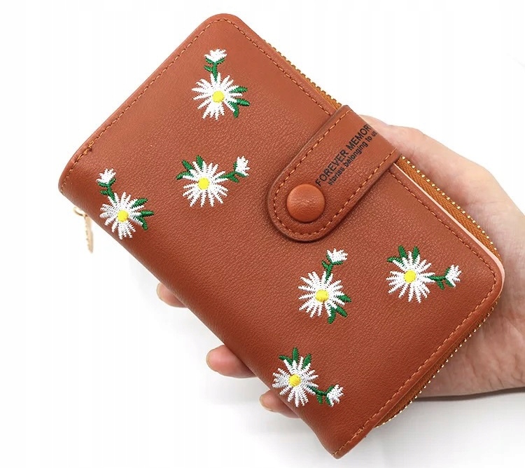 Dámska peňaženka sedmokráska s kvetmi kvietky na západku klasická hnedá