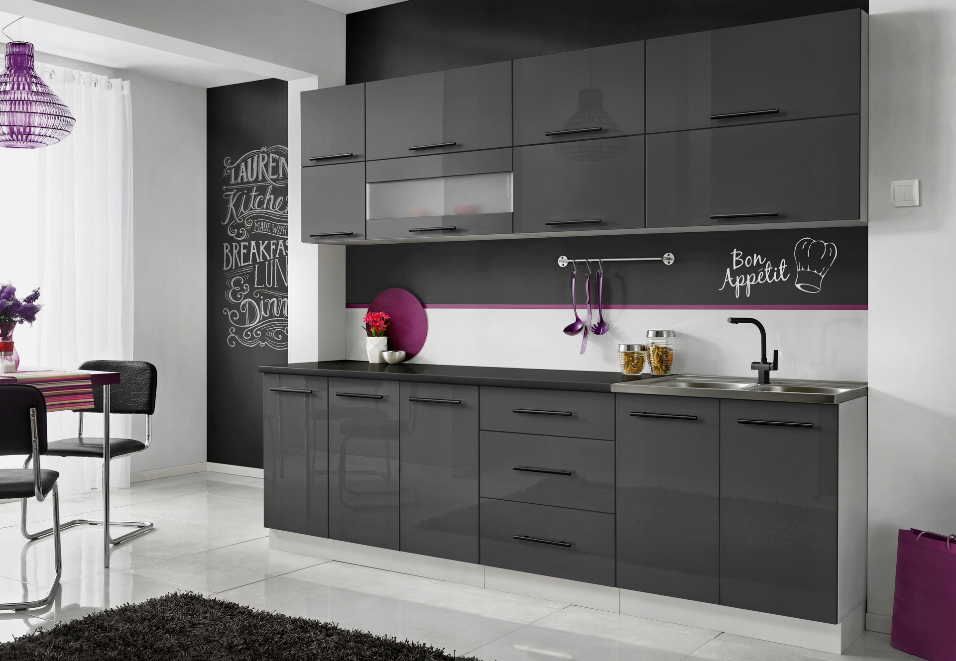 MEBLE KUCHENNE KUCHNIA SZAFKI MODUŁOWE SZARY POŁYSK 2,6M RICO