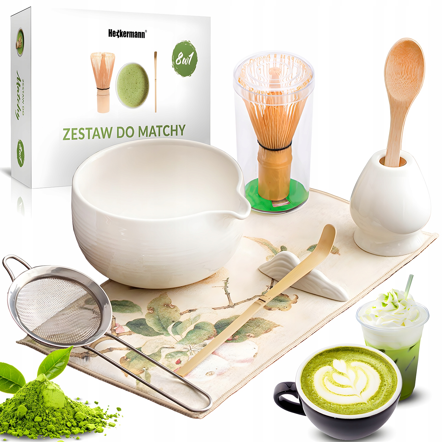 Levně Dárková Sada Na Čaj Matcha Metla Podstavec Lžička 8v1 Kyoto