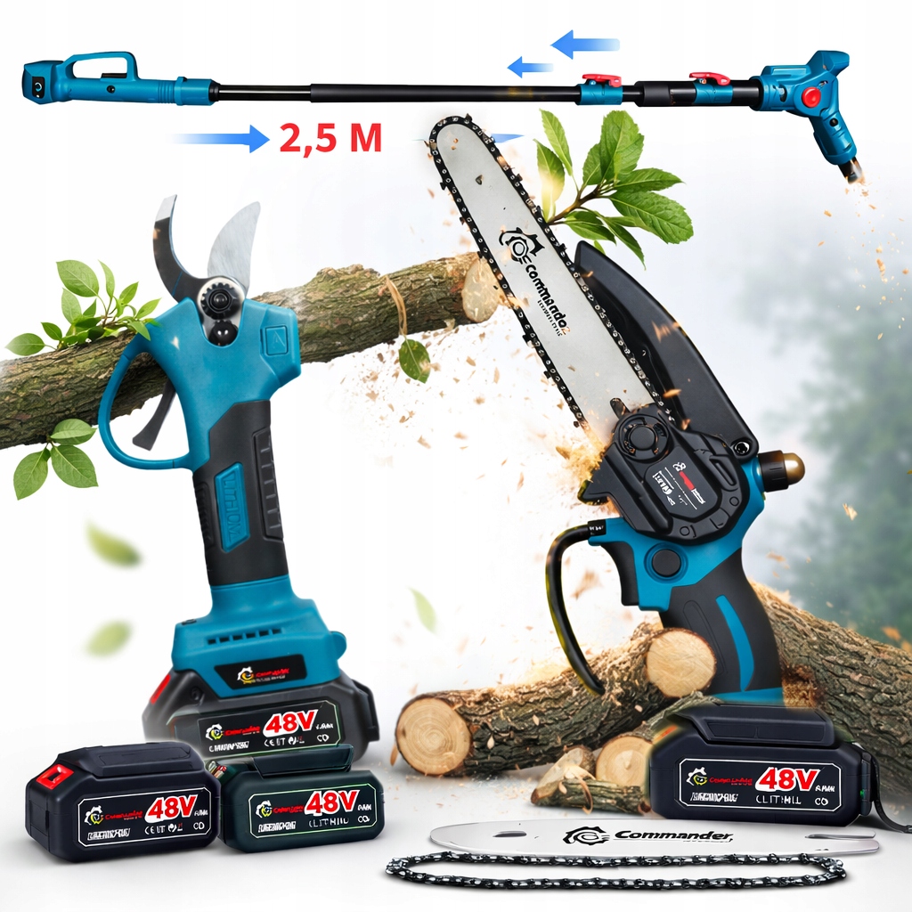 Zestaw 3W1 Piła Sekator Wysięgnik 2,5M 48V Aku 6AH 2SZT Ładowarka