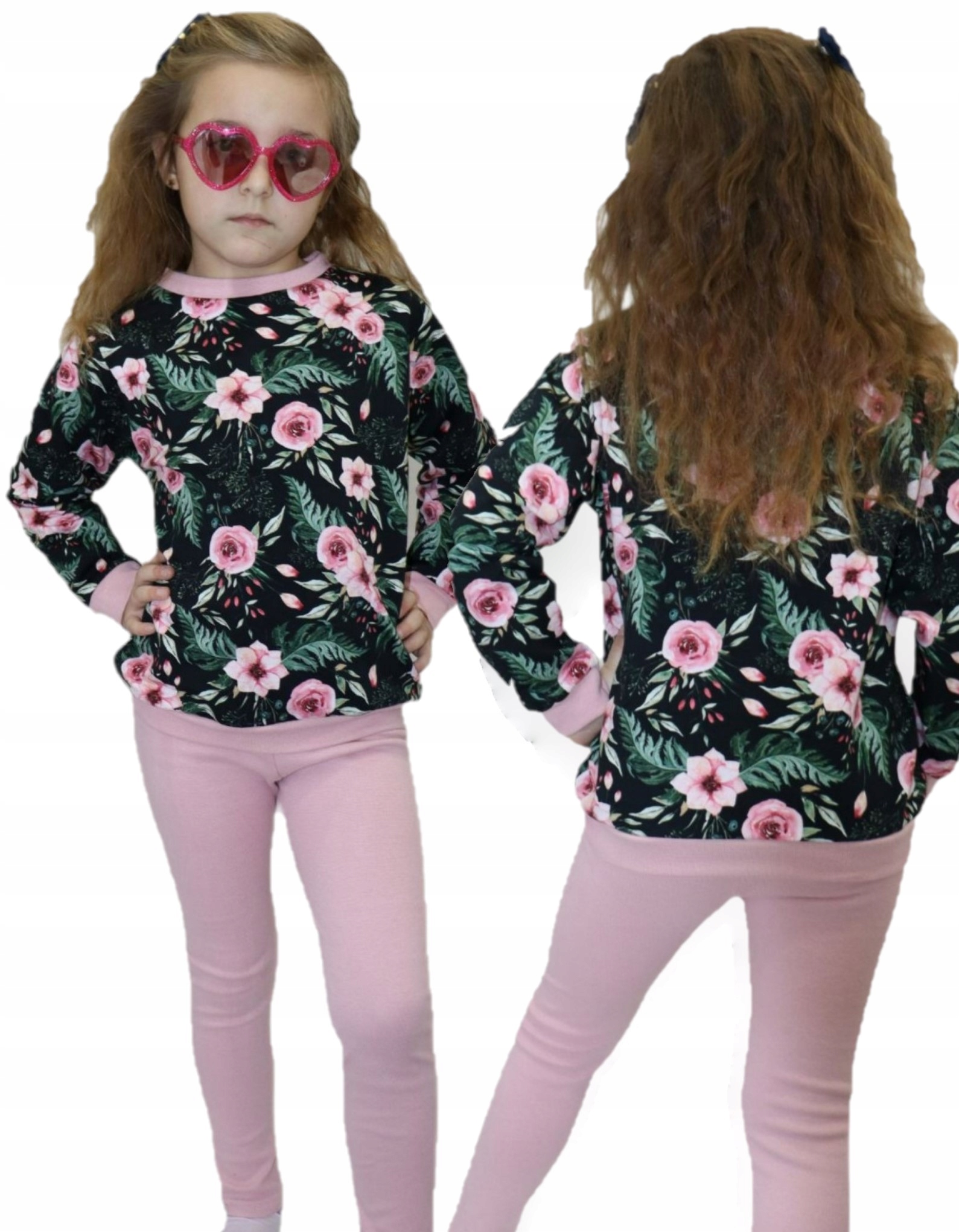 Różowy Kwiaty komplet 110 bluza legginsy zestaw