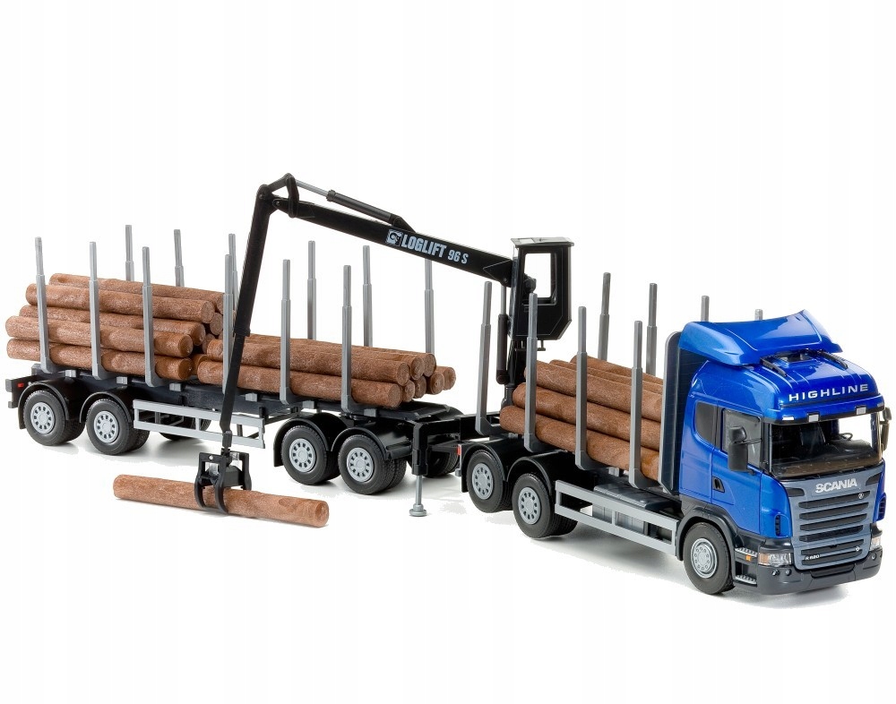 Emek 71804 Scania se dřevem, kabinovým jeřábem a přívěsem modrá