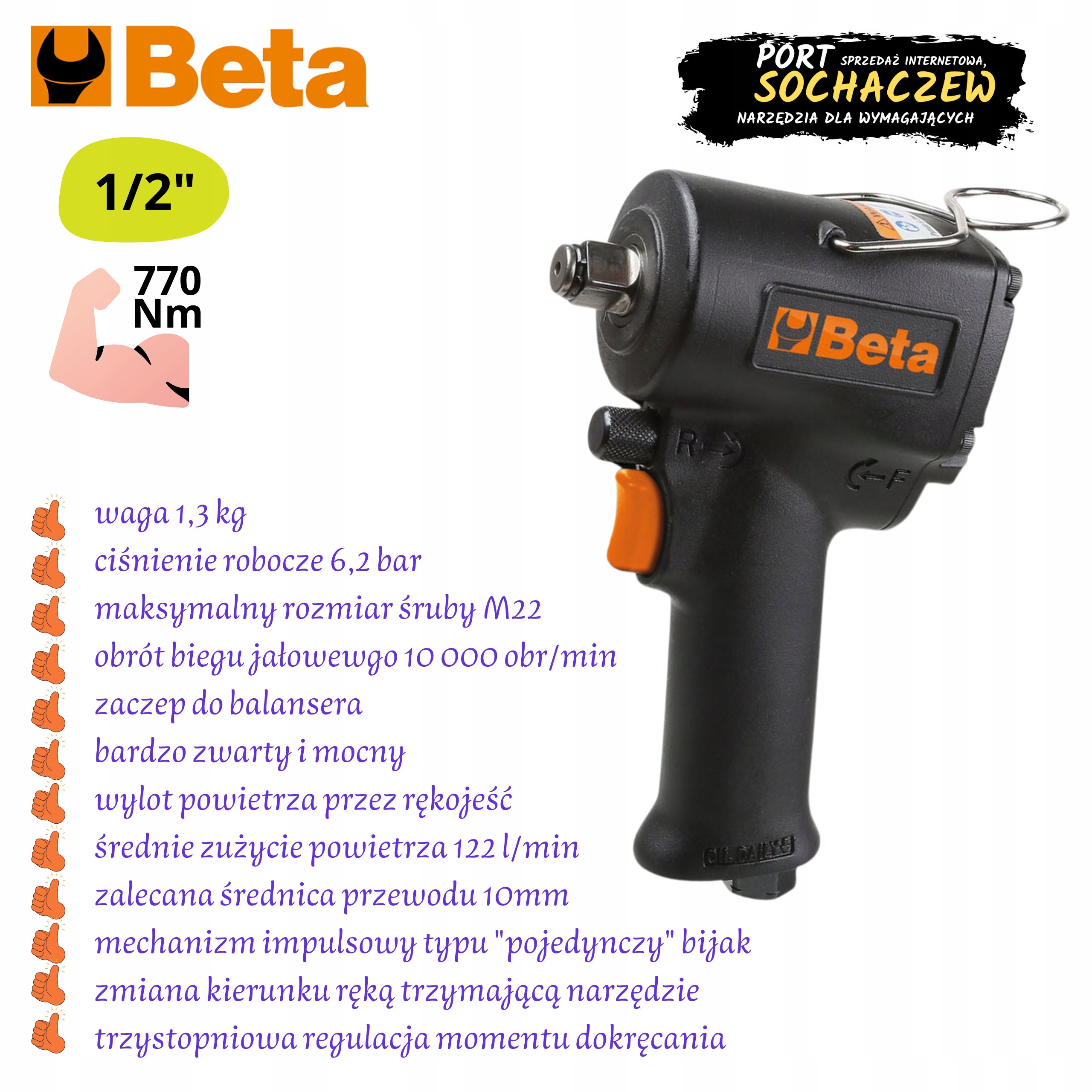 KLUCZ UDAROWY 1/2" mini 770Nm BETA 1927XM Rozmiar trzpienia 1/2''