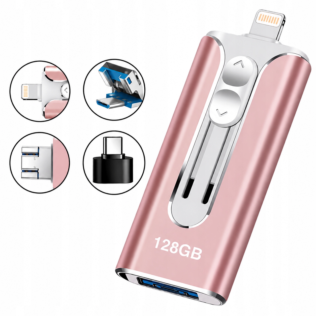 Pendrive 128GB 4w1 Usb 3.0 iPhone Android Usb-c Pc Mac Lightning Różowy