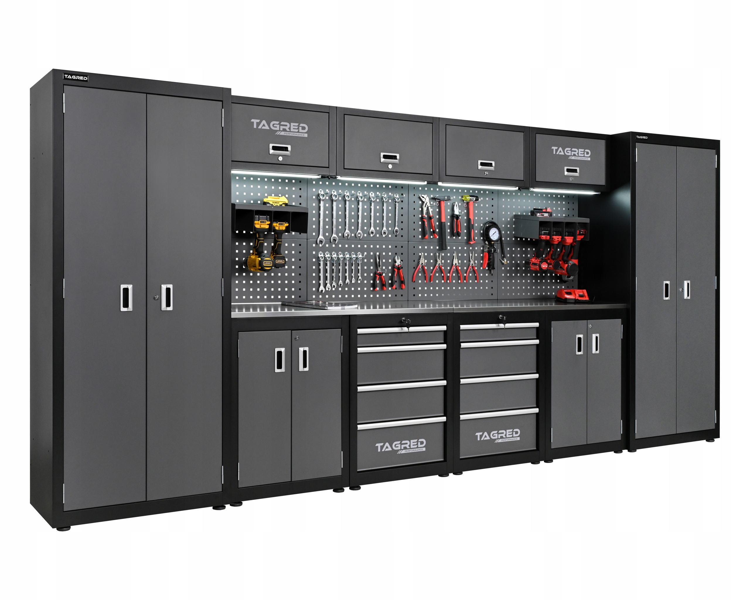 MEBLE GARAŻOWE WARSZTATOWE REGAŁ DO WARSZTATU MODUŁY 400CM LED BLAT INOX 3D