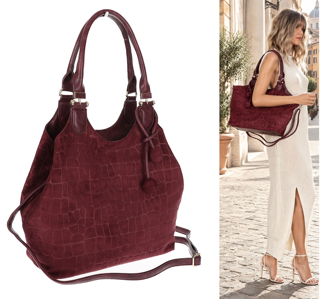 Dámská shopper kabelka prostorná semišová do ruky taška CC09 Bordó