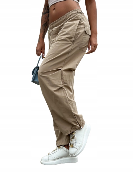 Spodnie damskie długie baggy joggery bojówki parachute cargo beżowe S