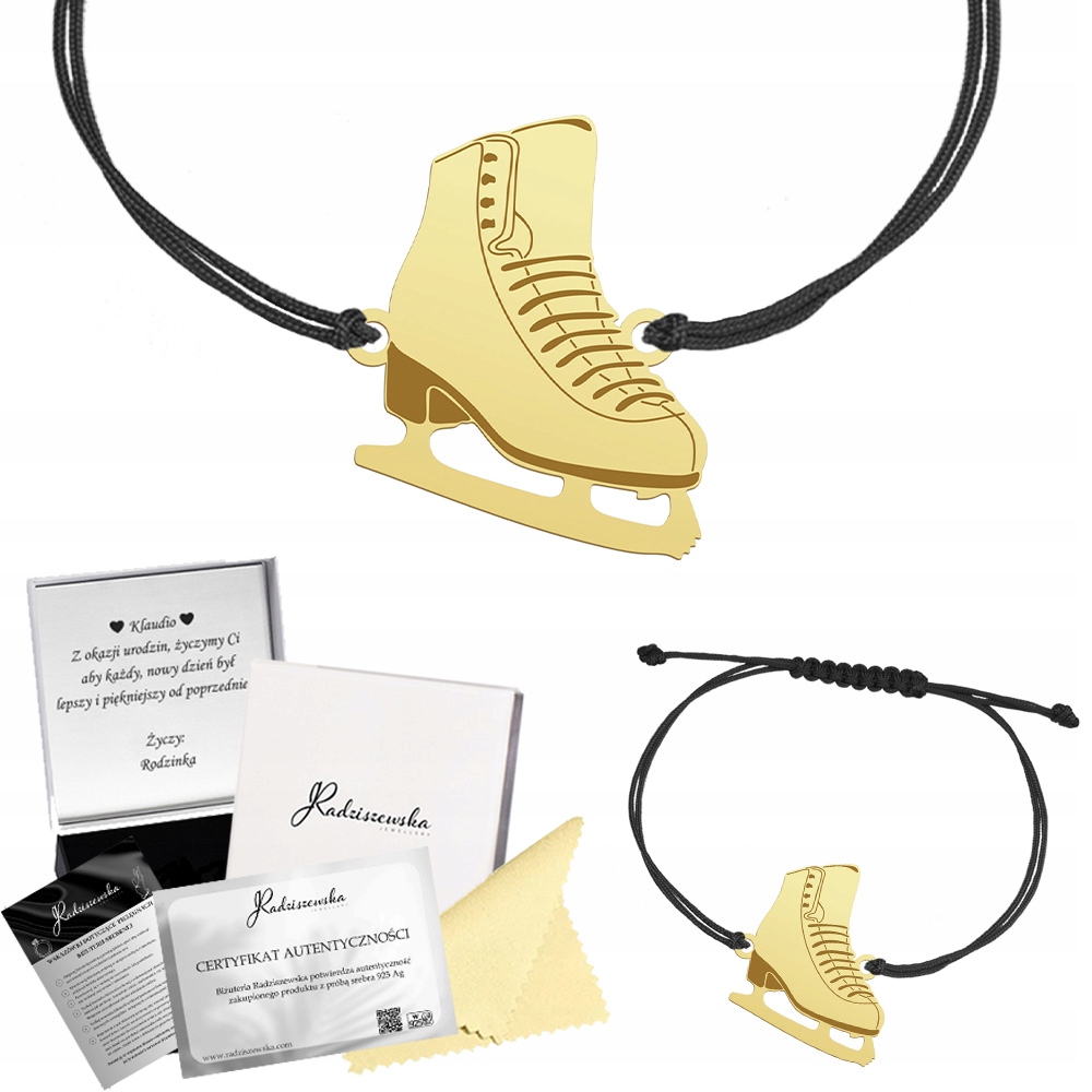 Zlatý náramek s bruslí Dárek 925 Žena Šňůrka Gravírování Bonus