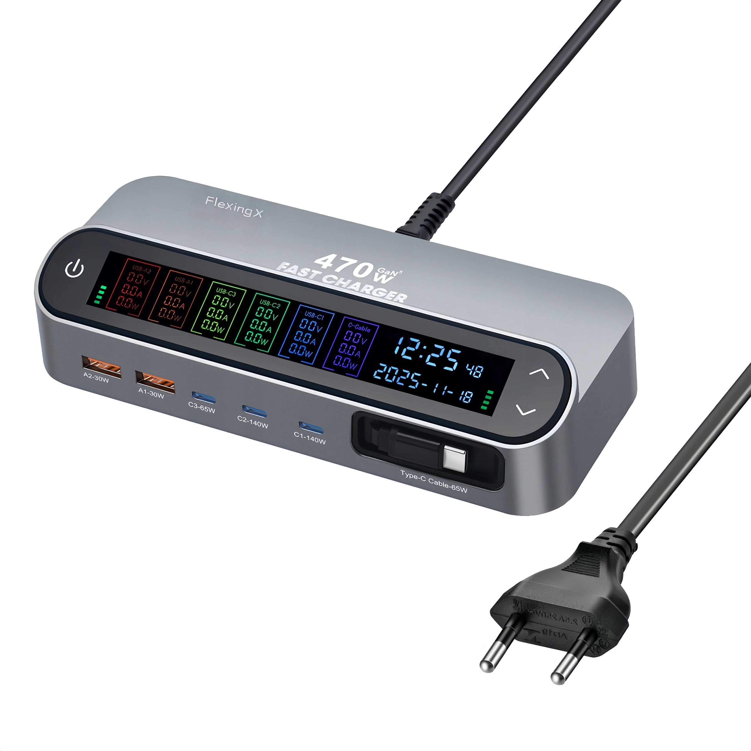 470W GaN Stolní Nabíječka se 6 Porty, 140W PD3.1 Rychlonabíjecí Stanice s 65W Kabelem a LCD Displejem