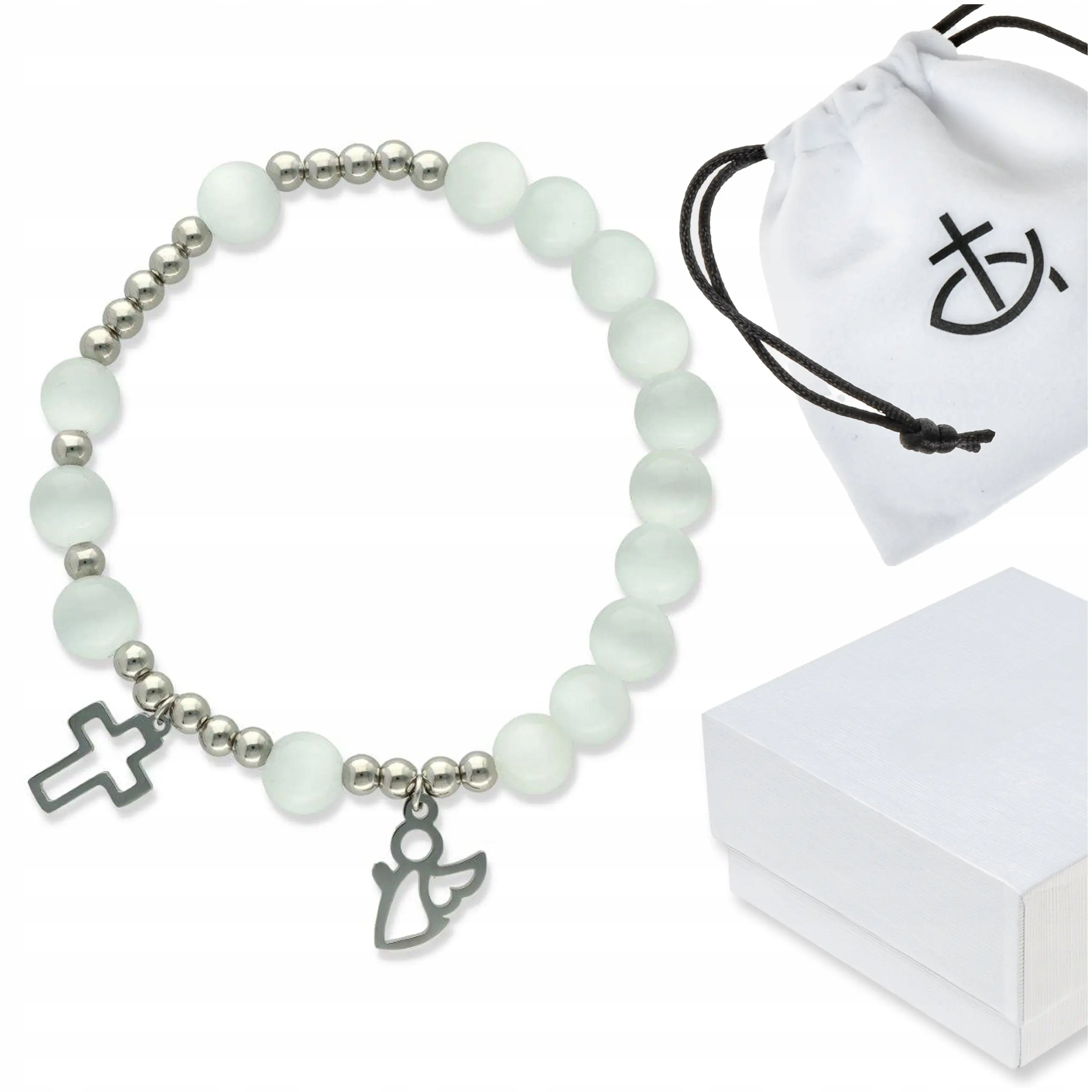 Růženec náramek na ruku mléčný křemen přívěsky andílek a křížek