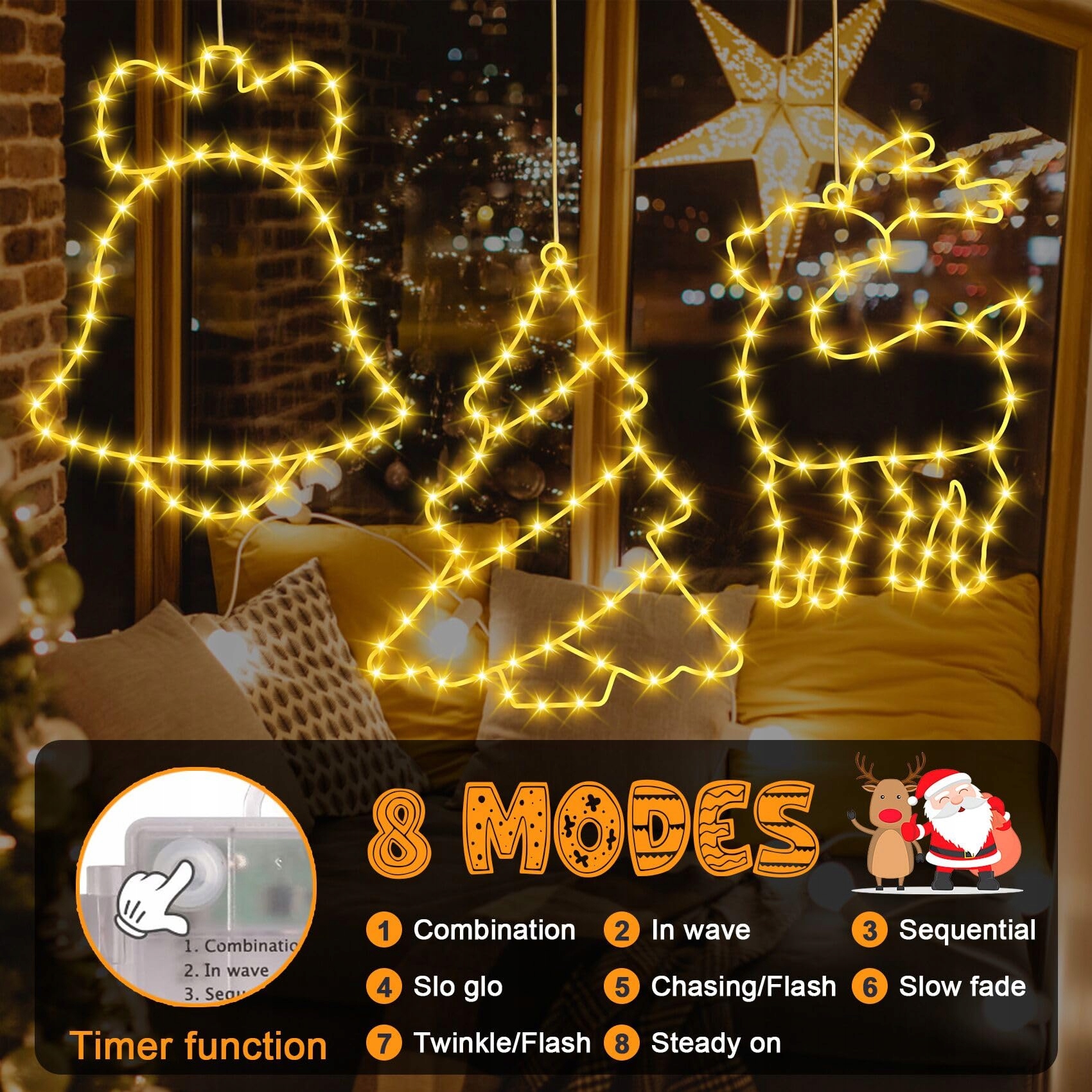 VASIN Kurtyna LED Świąteczna 3x Oświetlenie Gwiazdy Okno 155 LED Dekoracje — miniatura 5
