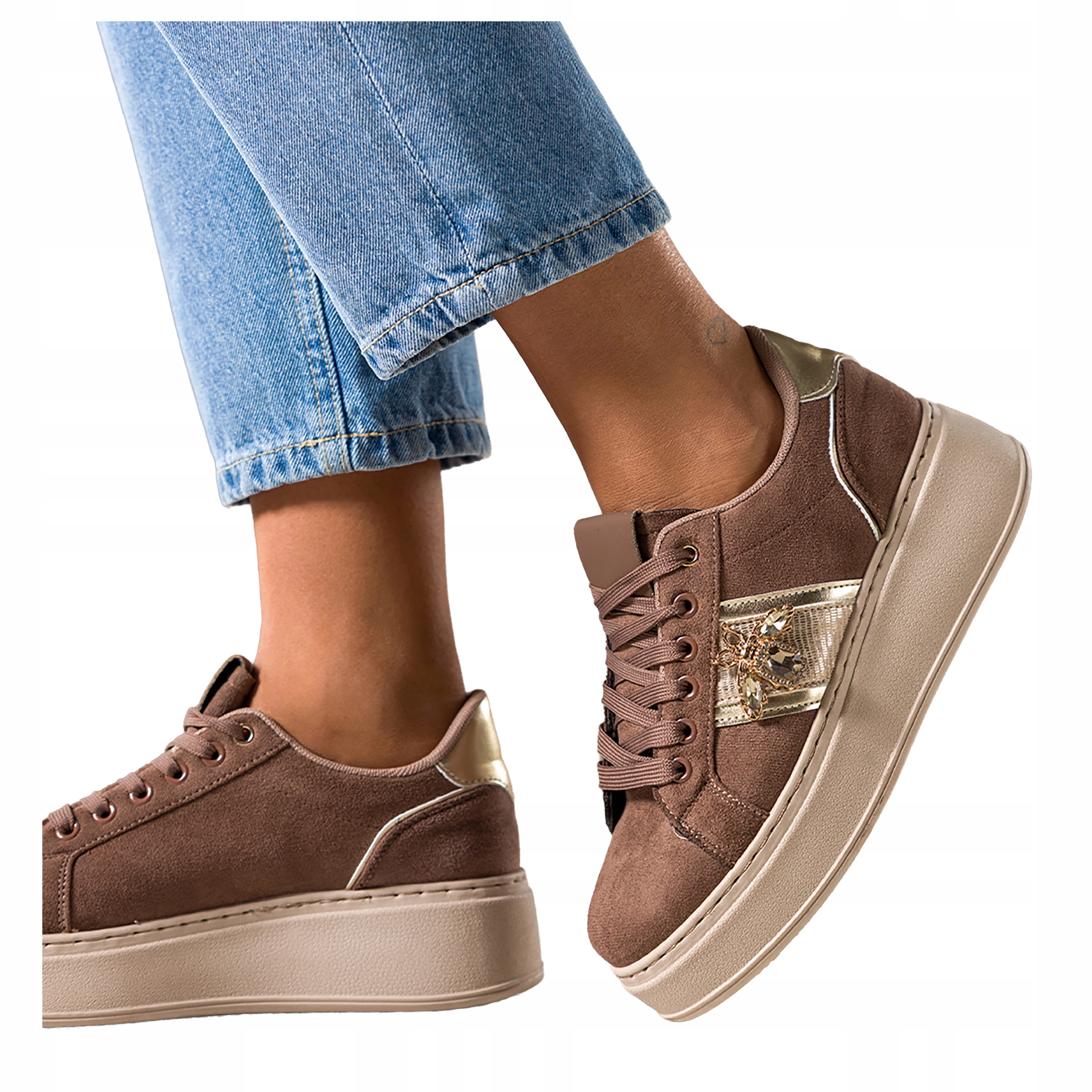 Brązowe Sneakersy Damskie Na Platformie Sznurowane Sportowe r 39