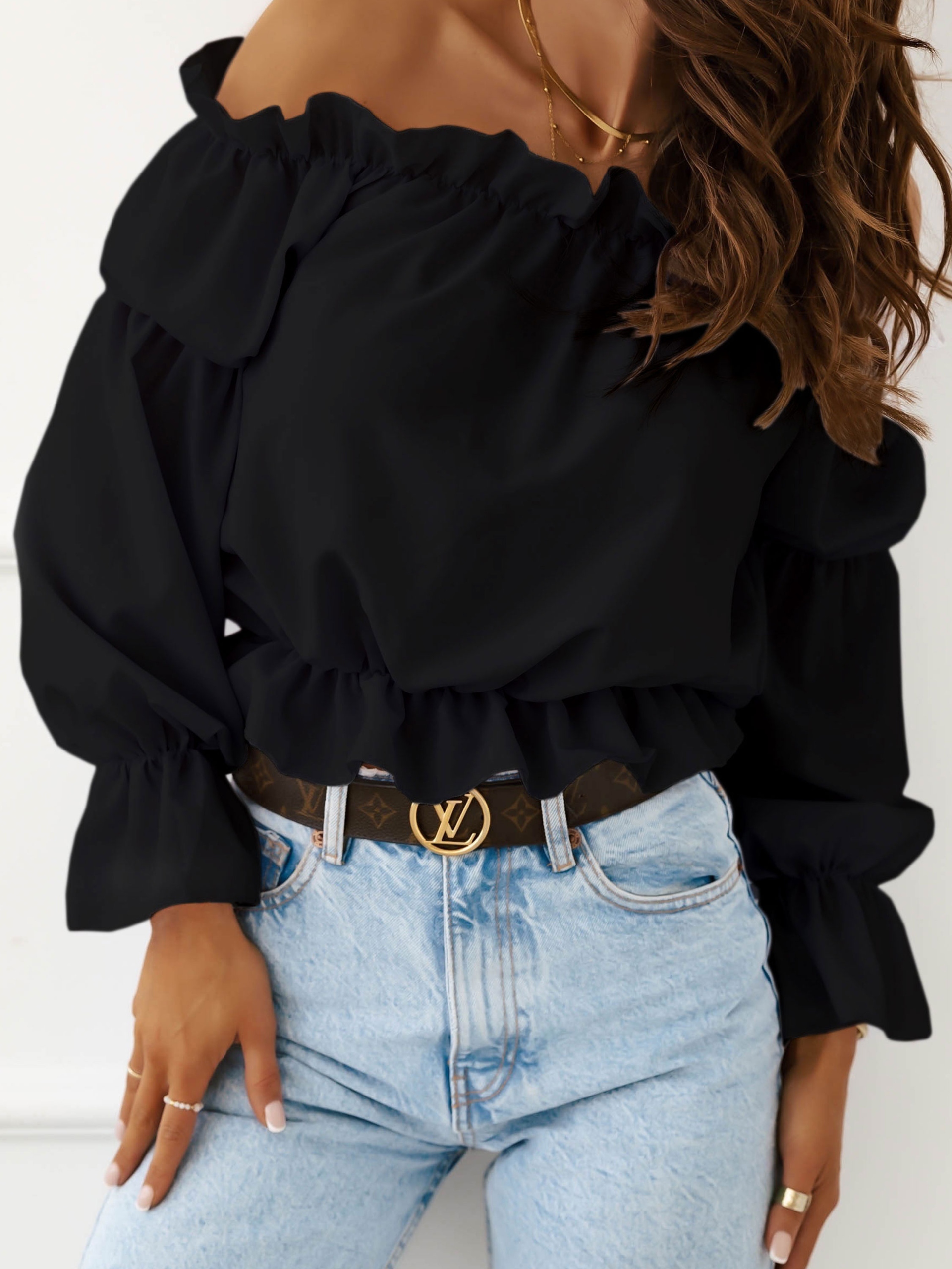 HISZPANKA elegancka bluzka damska oversize marszczona falbanka bufki L/XL Rozmiar L/XL