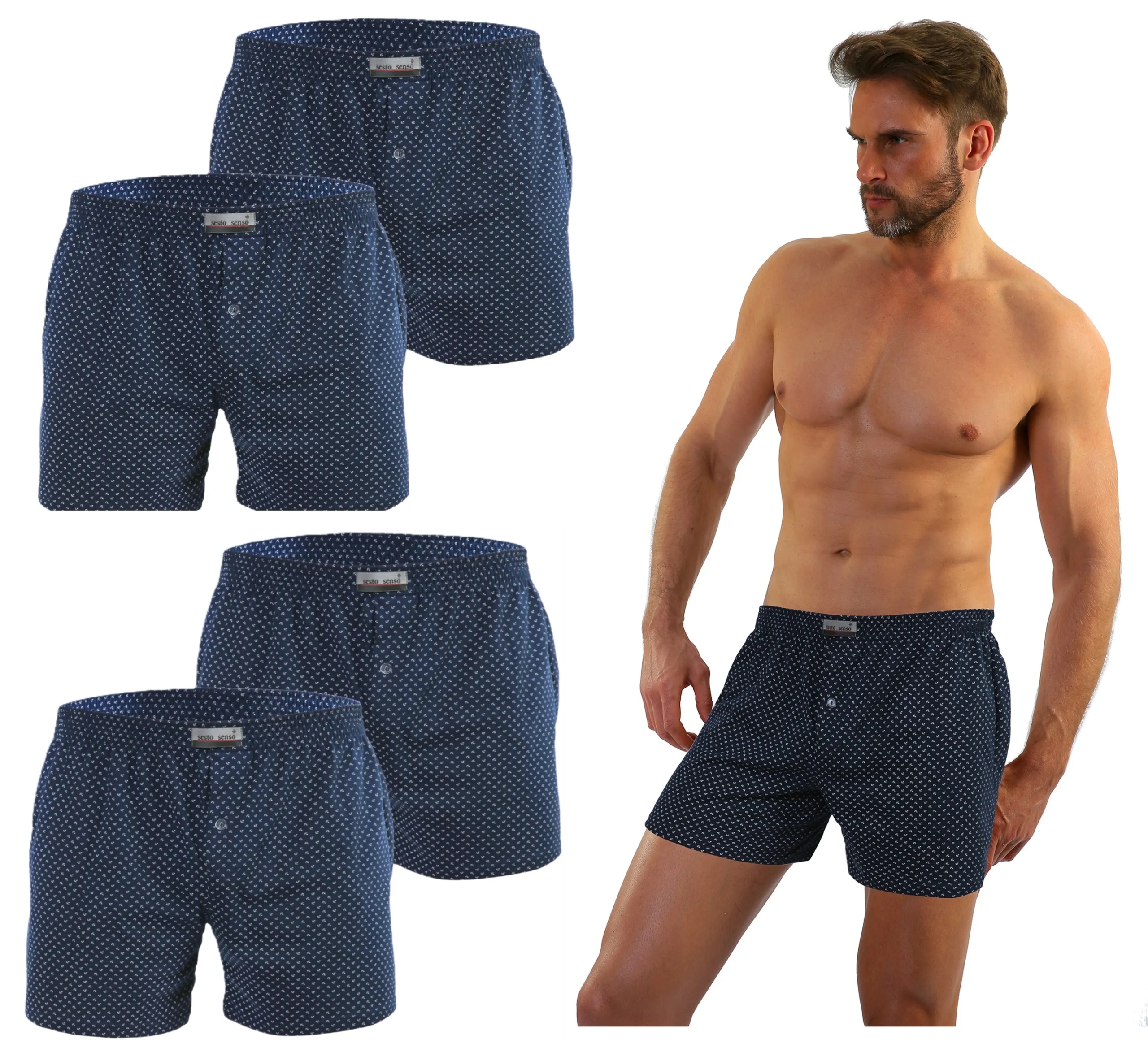 Sesto Senso 4-PAK pánské boxerky BM01 bavlněné Kotvy Námořnická Modrá Vzor 5 XL