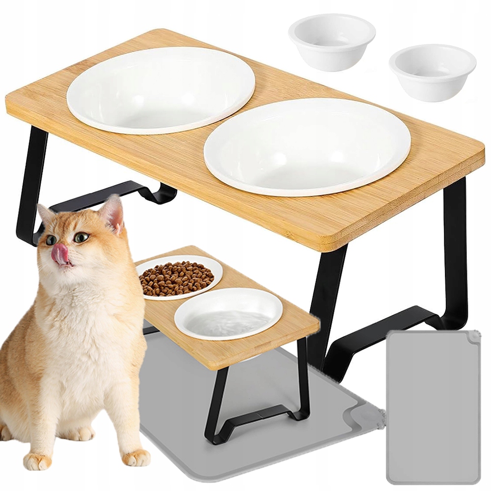 Levně Miska Pro Kočky Psa Dvojitá Sada Bambus Keramické Misky Bílá Sada