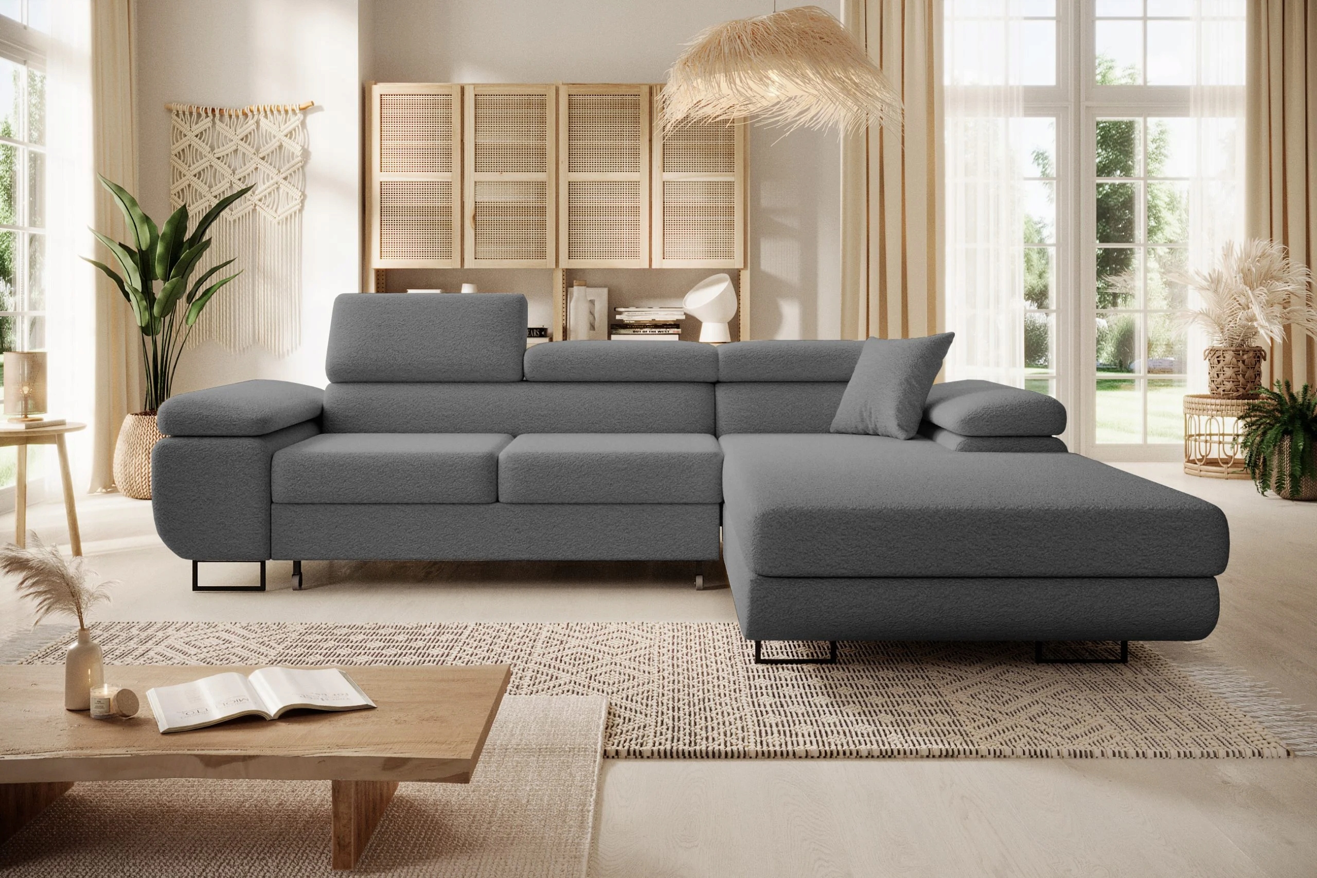 Šedý boho rohová sedací souprava s funkcí spaní Astorp L, pravý, s opěrkami hlavy v barvě boucle.