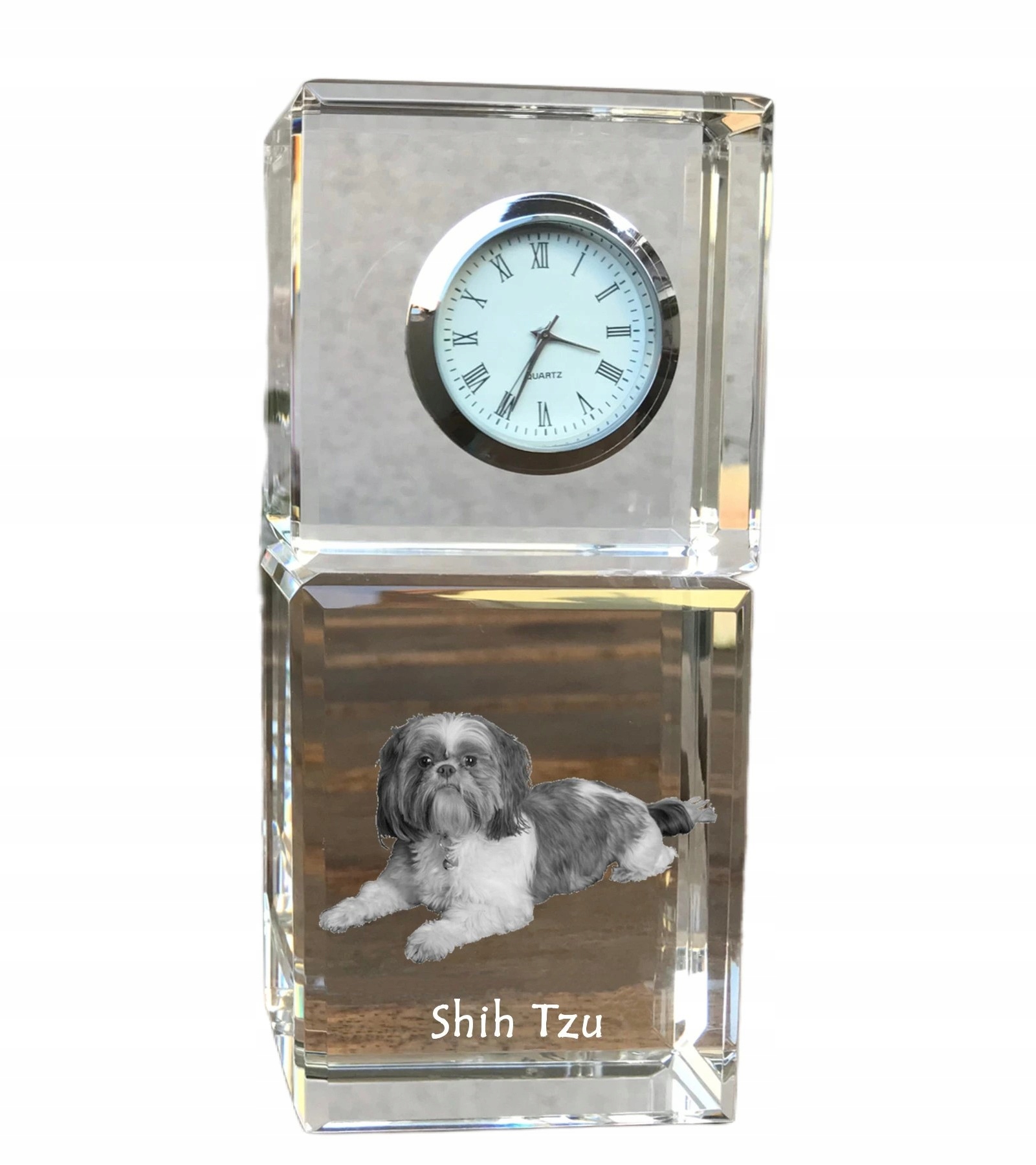 Shih Tzu krištáľové stolové hodiny so psom, s vašou fotografiou, suvenír