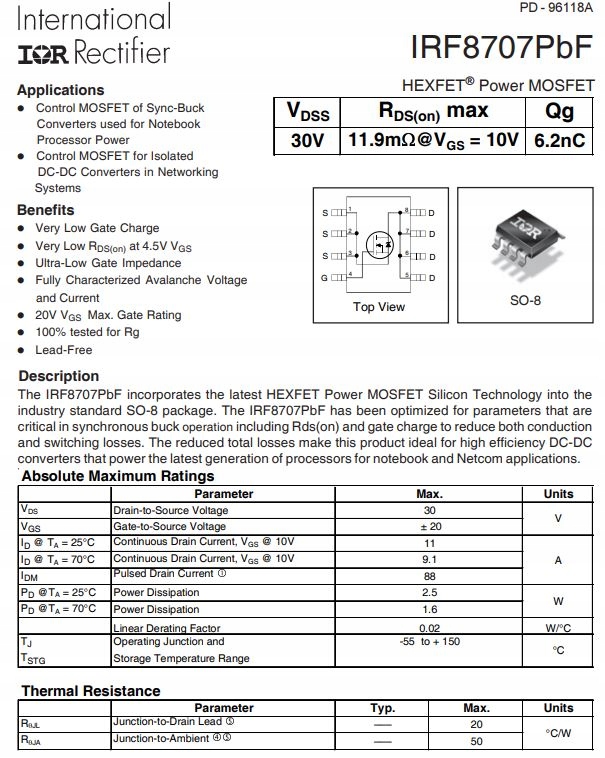IRF8707PBF Tranzystor MOSFET 30V 11A 2.5W SO-8 Kod producenta IRF8707PBF