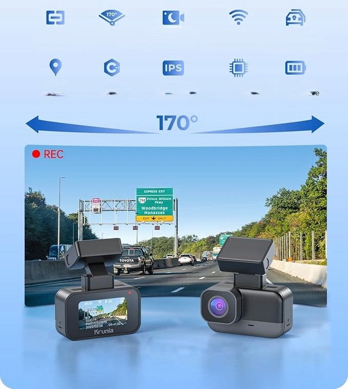 KRUNIA 2K WiFi Kamera Samochodowa GPS WDR Nocny Tryb 170° Kąt Widzenia — miniatura 12