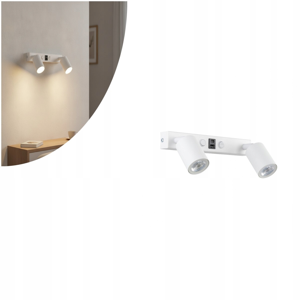Nástenné svietidlo s reflektormi s konektormi Usb typu A a C a spínačmi Nex White 1