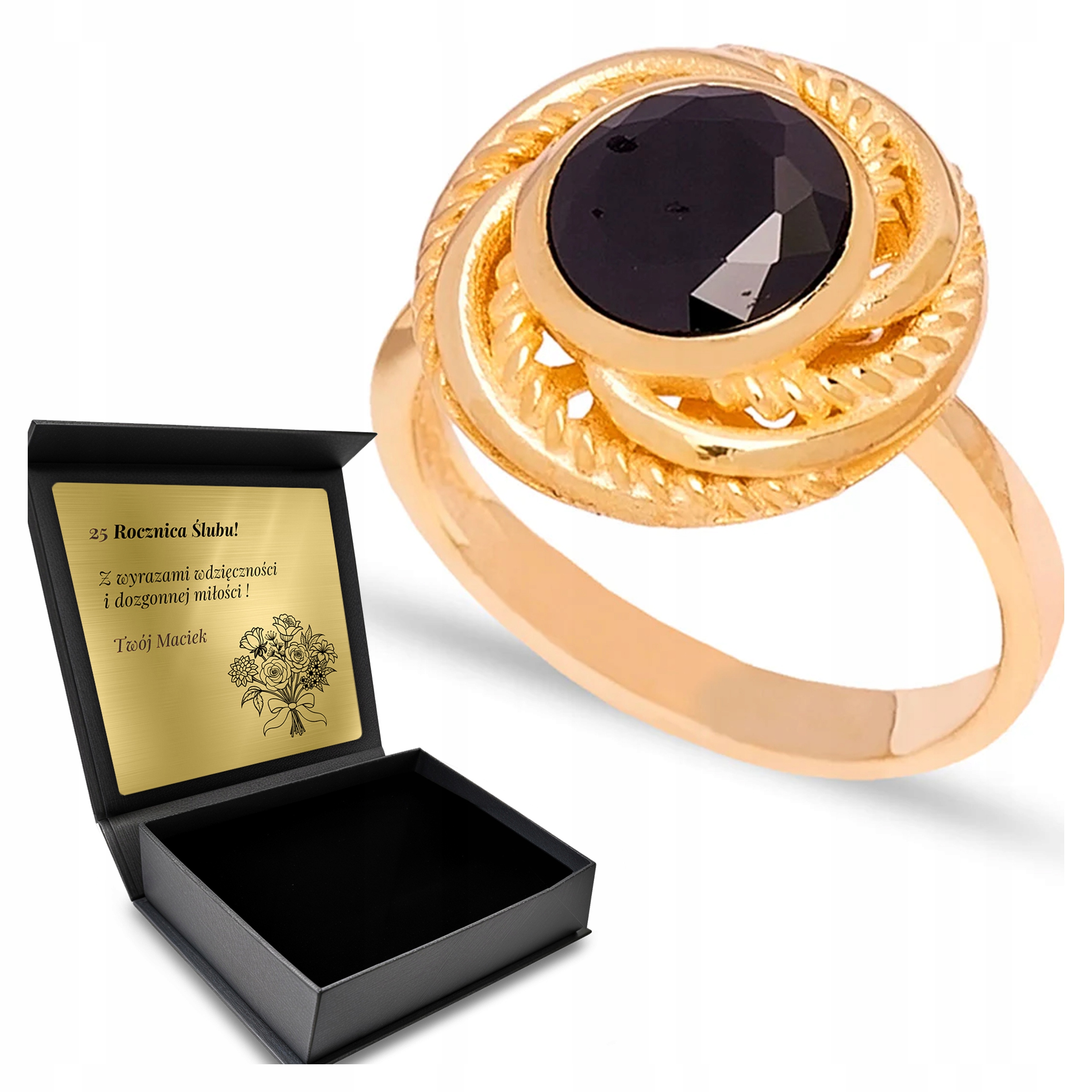 Prstýnek Zlatý Černý Onyx Dárek pro ženu Stříbro 925 Gravírování