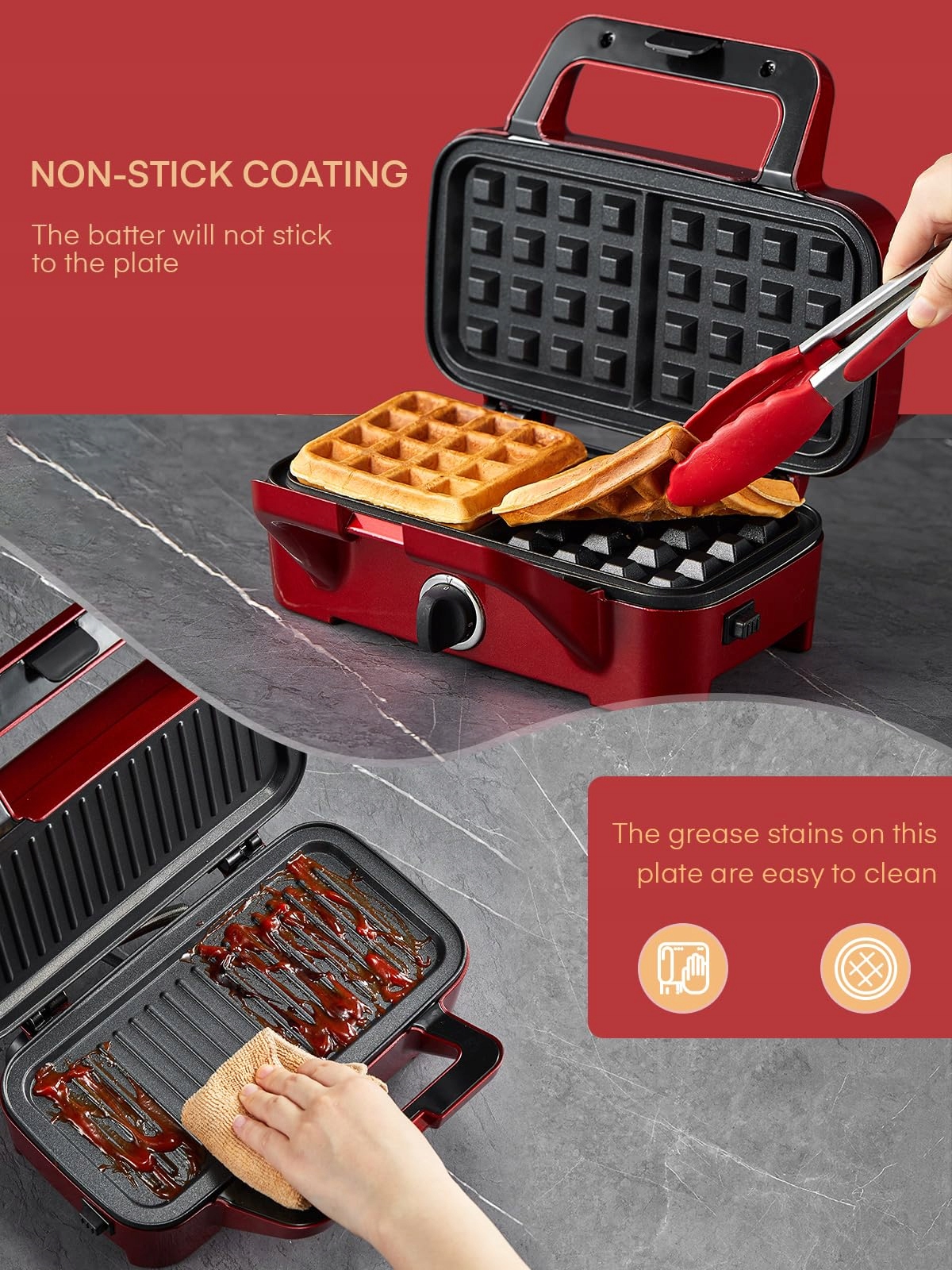 FOHERE 3W1 1200W Sandwich Maker Grill Toaster with Non-Slip Handle — miniatura 5