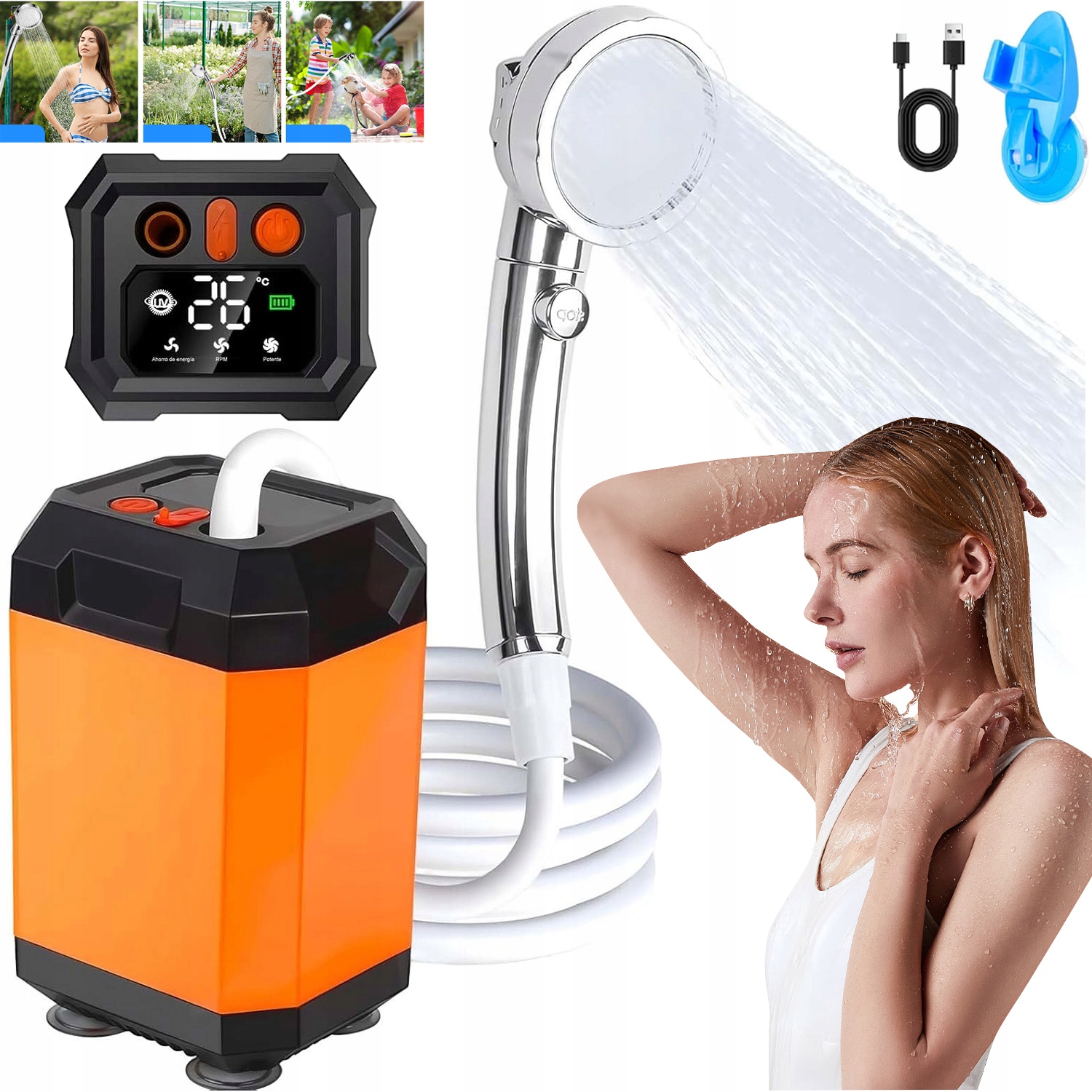 Turistická Sprchová Sprcha Camping Akumulátor 5400 Mah Nastavitelná 3 Režimy