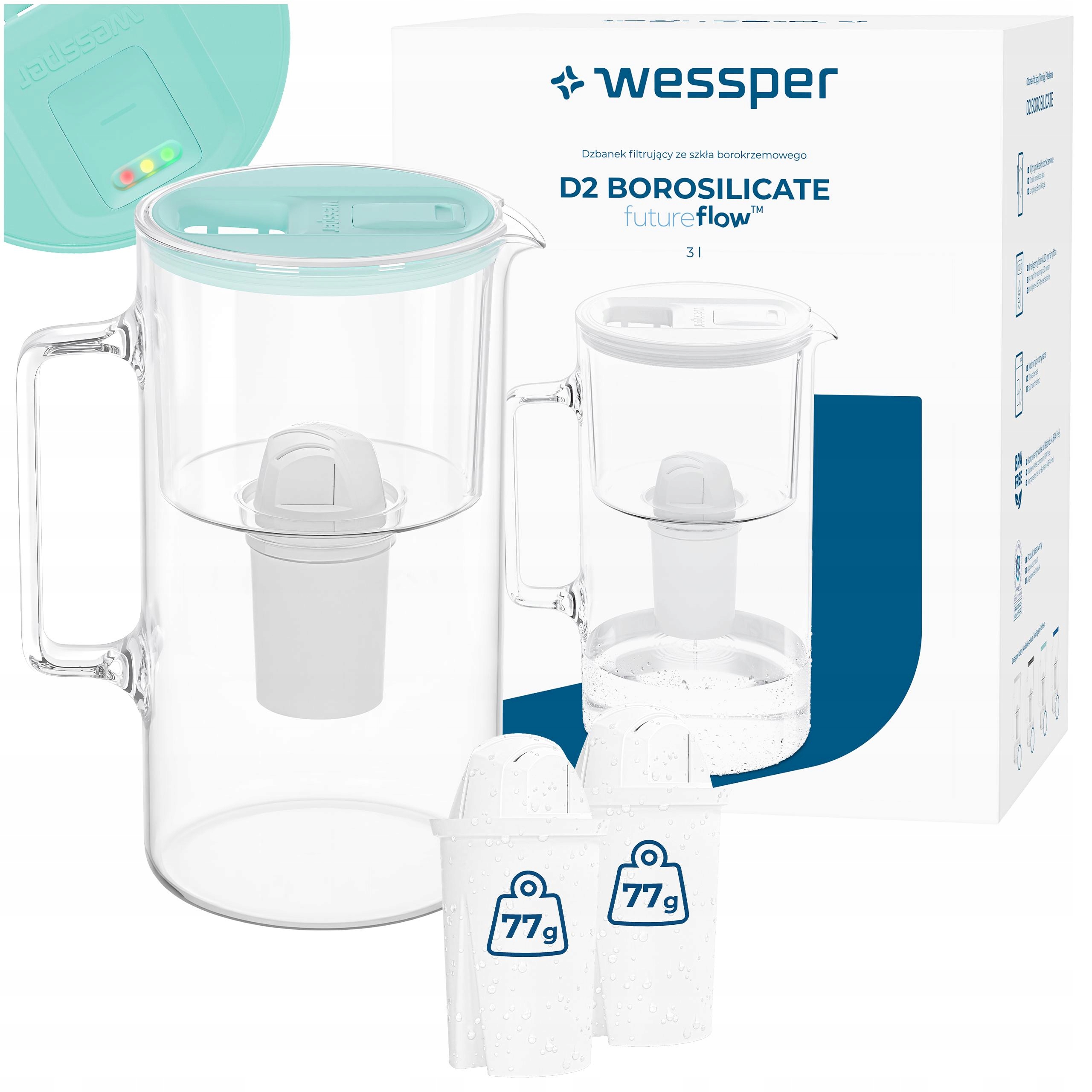 Skleněná filtrační konvice s Led počítadlem 3 l Wessper D2 Borosilicate 3 filtry