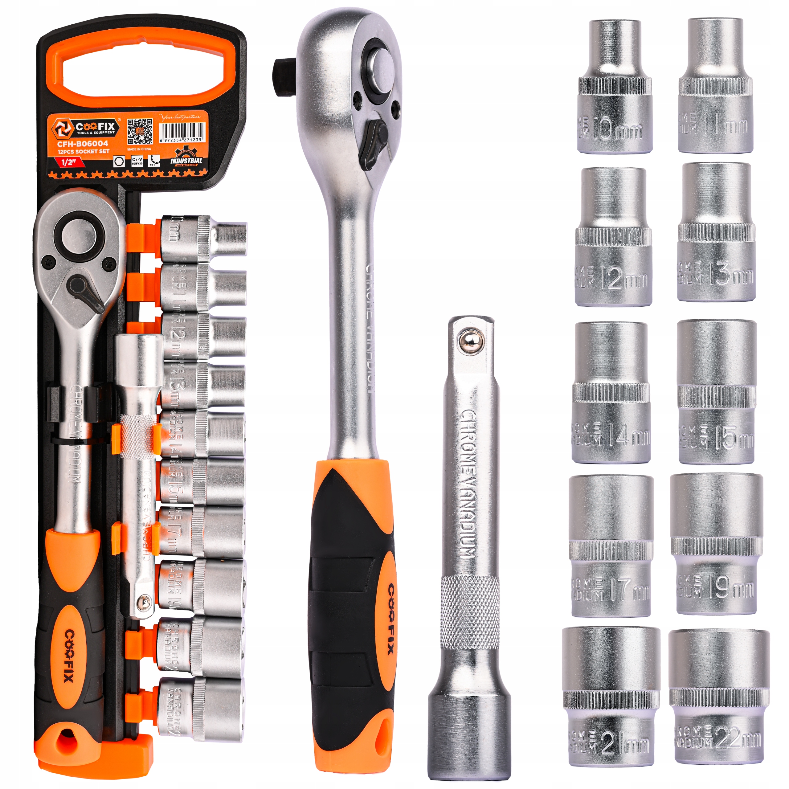 Zestaw Komplet Kluczy Nasadowych Z Grzechotką 1/2" 12SZT 10-22MM Przedłużka