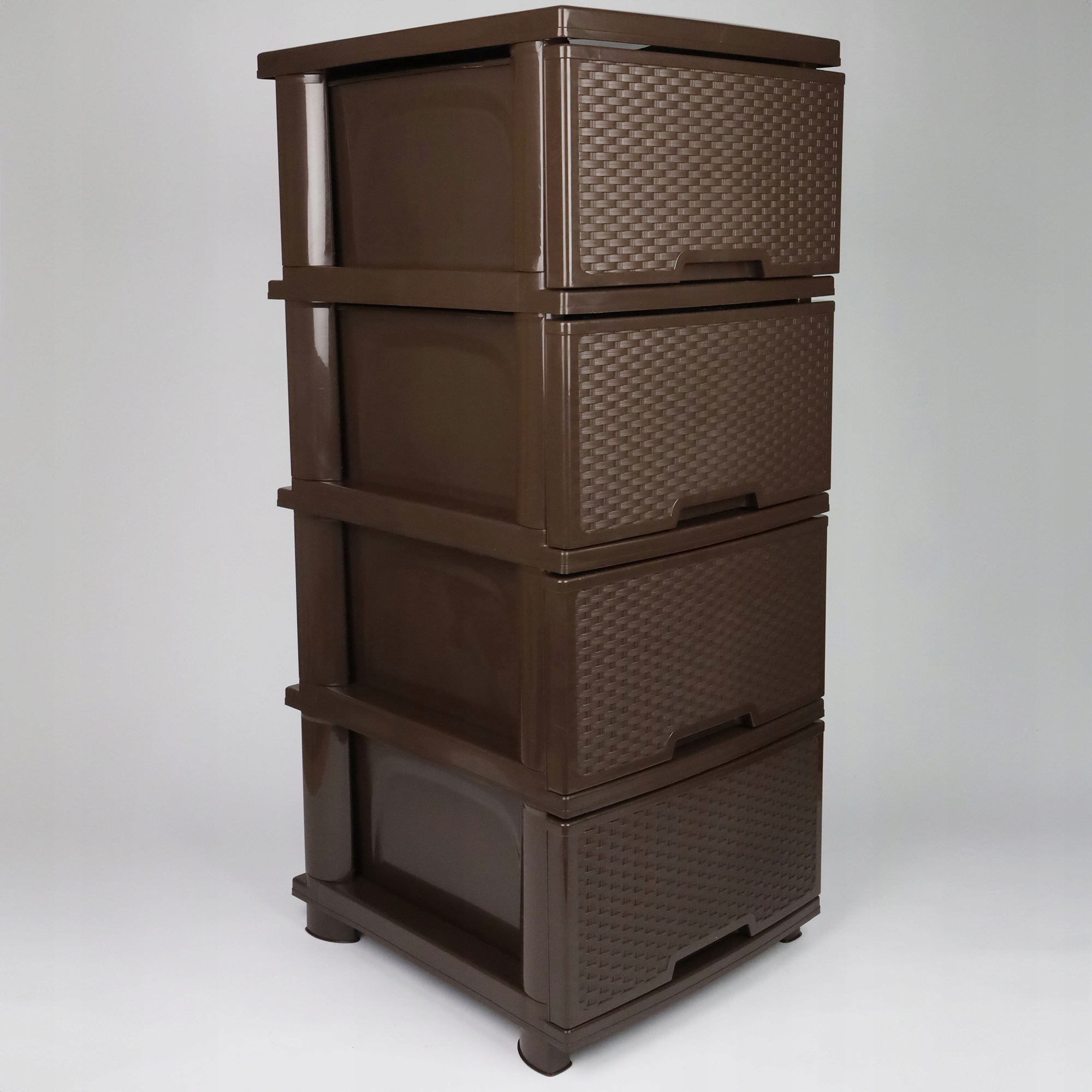 REGAŁ ŁAZIENKOWY BRĄZOWA KOMODA STOJAK SŁUPEK SZAFKA Z 4 KOSZAMI RATTAN