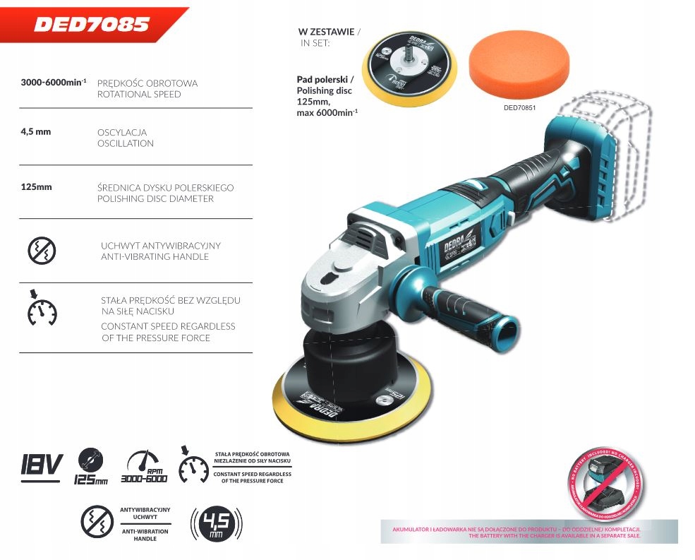 DEDRA SAS+ALL Polerka rotacyjno mimośrodowa 18V Zasilanie akumulatorowe